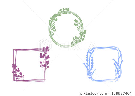 Three stylized floral frames adorn a clean white background. A green circular frame, a purple square frame, and a blue rounded square frame feature simple botanical elements. Three stylized floral frames adorn a clean white background. A green circular frame, a purple square frame, and a blue rounded square frame feature simple botanical elements. 139937404