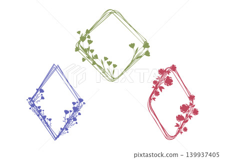 Three stylized diamond-shaped frames appear. A green frame features small flowers, a blue frame displays fine blossoms, and a red frame has larger bloom designs. Three stylized diamond-shaped frames appear. A green frame features small flowers, a blue frame displays fine blossoms, and a red frame has larger bloom designs. 139937405