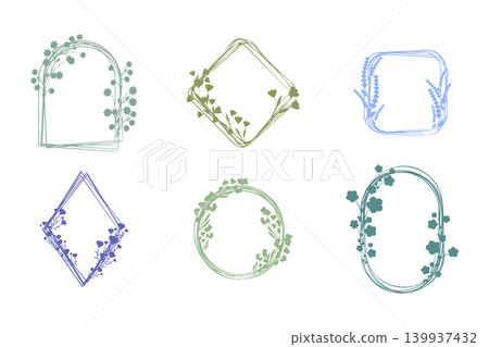 Six distinct floral frames showcasing various shapes including arched, diamond, rounded square, circle, and oval. 139937432