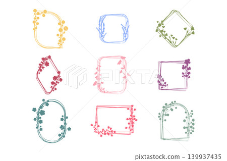 Nine stylized frames feature a range of shapes, each decorated with delicate floral elements. Soft colors like yellow, pink, blue, green, and purple adorn the frames on a white background. 139937435