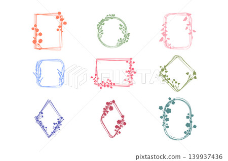 Nine distinct hand drawn floral frames presented on a clean white background. Nine distinct hand drawn floral frames presented on a clean white background. 139937436