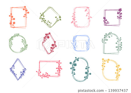 Twelve decorative floral frames in various shapes like rectangles, circles, and ovals, are presented on a white background. Twelve decorative floral frames in various shapes like rectangles, circles, and ovals, are presented on a white background. 139937437