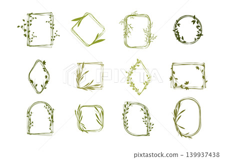 Twelve unique floral frames are displayed, each adorned with green leaves and vine elements. The frames come in various geometric and organic shapes, featuring a hand-drawn, rustic style. 139937438