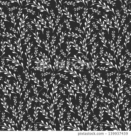 A beautiful seamless pattern features numerous white branches with small leaves, arranged densely on a dark background. A beautiful seamless pattern features numerous white branches with small leaves, arranged densely on a dark background. 139937439