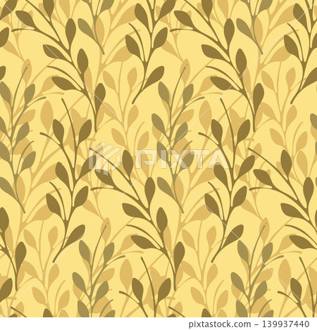 Stylized olive green branches with leaves form a repeating botanical pattern. The design is set against a vibrant yellow background, creating an organic motif for textiles, digital art, or decor. Stylized olive green branches with leaves form a repeating botanical pattern. The design is set against a vibrant yellow background, creating an organic motif for textiles, digital art, or decor. 139937440