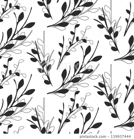 A seamless pattern features black filled leaf branches and delicate grey outline branches scattered on a clean white background. A seamless pattern features black filled leaf branches and delicate grey outline branches scattered on a clean white background. 139937444