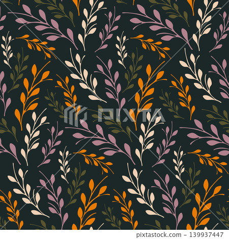 A beautiful seamless design features various branches with leaves in orange, purple, light green, and cream colors. A beautiful seamless design features various branches with leaves in orange, purple, light green, and cream colors. 139937447
