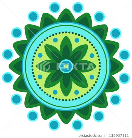 Floral round mandala. Ethnic flower design element in blue green colors. Bright, cheerful round motif for decorating dishes, home, and textiles Floral round mandala. Ethnic flower design element in blue green colors. Bright, cheerful round motif for decorating dishes, home, and textiles 139937511