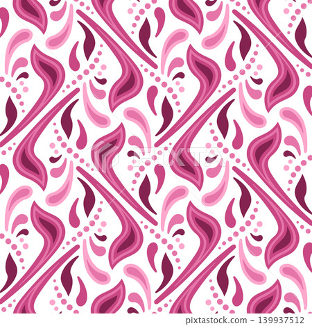 Ethnic red pink colorful ornament on white background. Fanciful seamless pattern of curved shapes Ethnic red pink colorful ornament on white background. Fanciful seamless pattern of curved shapes 139937512