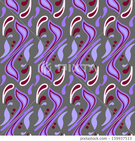Purple red ornament on gray background. Ethnic background. Fanciful seamless pattern of curved lines Purple red ornament on gray background. Ethnic background. Fanciful seamless pattern of curved lines 139937513