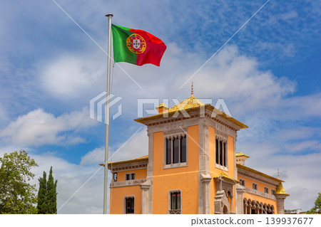 Portuguese flag above historic palace building in Cascais Portugal 139937677
