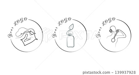 Three continuous line art logos for diverse businesses. A chef's hat and thumbs-up icon represents culinary services. A bottle with a leaf signifies natural products. Three continuous line art logos for diverse businesses. A chef's hat and thumbs-up icon represents culinary services. A bottle with a leaf signifies natural products. 139937928