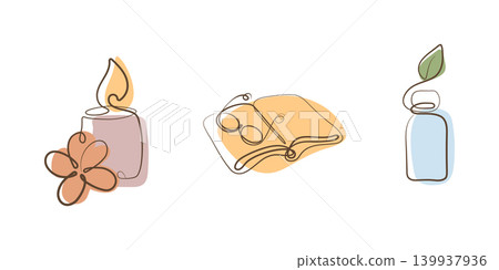 This minimalist artwork features three distinct elements. A lit candle and flower suggest relaxation. An open book with glasses signifies reading. A bottle with a leaf represents nature. This minimalist artwork features three distinct elements. A lit candle and flower suggest relaxation. An open book with glasses signifies reading. A bottle with a leaf represents nature. 139937936