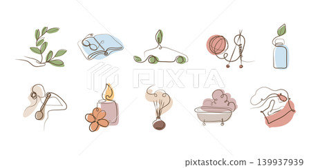 Continuous line art icons with soft color accents portray wellness and sustainable living. Continuous line art icons with soft color accents portray wellness and sustainable living. 139937939