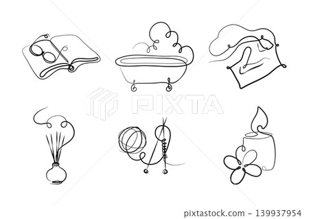 Six continuous line art drawings illustrate objects for home comfort and relaxation. Six continuous line art drawings illustrate objects for home comfort and relaxation. 139937954