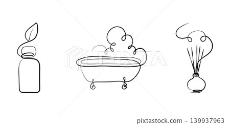 Three minimalist black line art illustrations showing elements of self-care and relaxation. 139937963