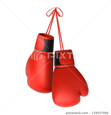 3D red boxing gloves hanging on laces, realistic vector martial sport game equipment, boxer hand protective sportswear 3D red boxing gloves hanging on laces, realistic vector martial sport game equipment, boxer hand protective sportswear 139937998