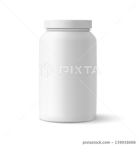 White plastic bottle for vitamin supplement, sport nutrition tub, 3D realistic sport protein container vector mockup White plastic bottle for vitamin supplement, sport nutrition tub, 3D realistic sport protein container vector mockup 139938006