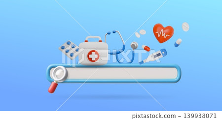 Medical hospital and clinic search bar technology 3D cartoon vector design, internet browser interface with medicine Medical hospital and clinic search bar technology 3D cartoon vector design, internet browser interface with medicine 139938071