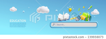 Education search 3D cartoon vector banner design, search bar with magnifying glass, UI UX website mobile app interface Education search 3D cartoon vector banner design, search bar with magnifying glass, UI UX website mobile app interface 139938073