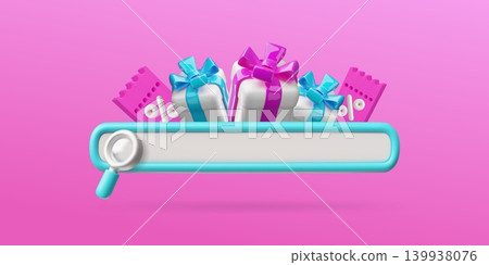 Search bar with magnifying glass, gift boxes and discount coupons, 3D vector sale and special offer browser interface Search bar with magnifying glass, gift boxes and discount coupons, 3D vector sale and special offer browser interface 139938076