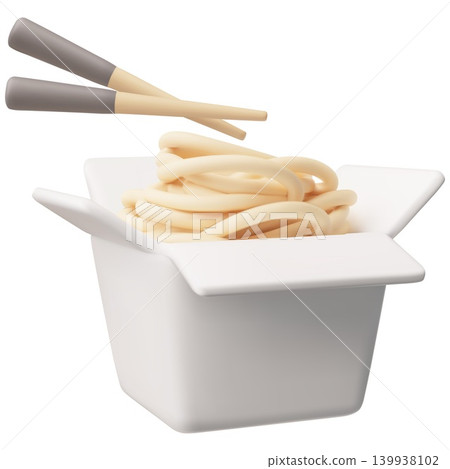 Chinese noodles in paper box with chopsticks, vector 3D cartoon Asian wok pasta cuisine menu, oriental fast food 139938102