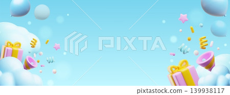 A festive 3D banner with blue clouds, balloons, a gift box, a party popper, and confetti. A festive 3D banner with blue clouds, balloons, a gift box, a party popper, and confetti. 139938117