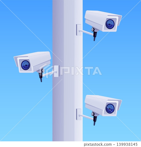 Three CCTV cameras are mounted on street pole, security safety video surveillance camera equipment flat vector 139938145