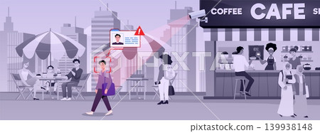 CCTV camera security verification system, person identification alarm sign, surveillance camera on cafe in city street 139938148