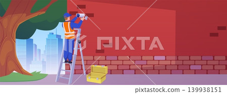 Worker sets up a camera on the building in the city street, CCTV camera, surveillance camera, safety security video cam 139938151
