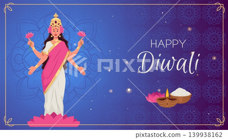 Happy Diwali festival of India greeting banner vector design. Cartoon Lakshmi Goddess with lotus, Hinduism religion 139938162