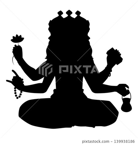 Brahma creation god from Hinduism religion in India sitting in lotus pose, vector divine man with three heads four hands Brahma creation god from Hinduism religion in India sitting in lotus pose, vector divine man with three heads four hands 139938186
