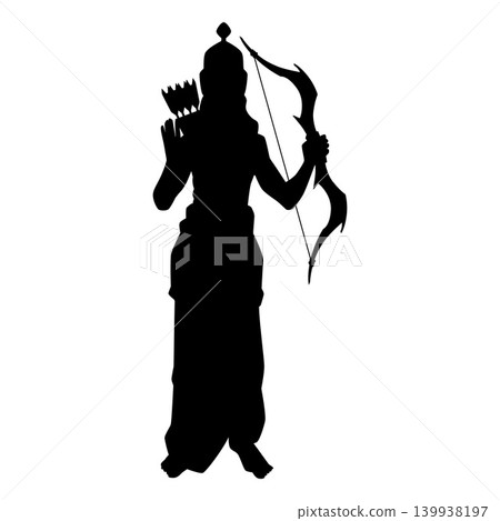 Lord Rama with bow and arrows vector black silhouette, Dussehra Hindu festival, Happy Shree Ram Navami of India isolated 139938197