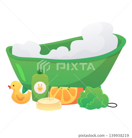 Baby green bathtub with foam bubbles, vector flat newborn care stuff for taking hygienic procedure, rubber duck, shampoo Baby green bathtub with foam bubbles, vector flat newborn care stuff for taking hygienic procedure, rubber duck, shampoo 139938219
