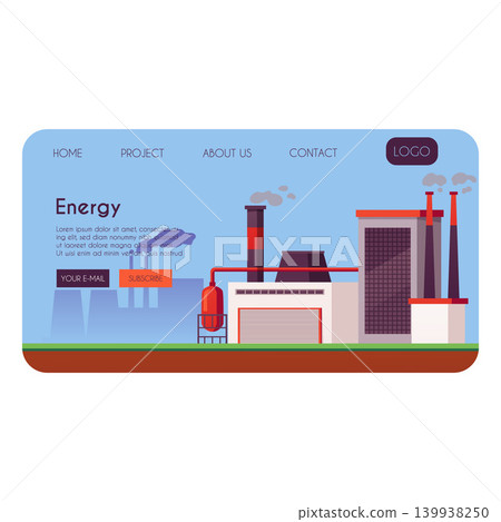 A website page featuring an industrial plant with smoking chimneys. 139938250