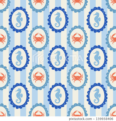 Nautical pattern with crabs and seahorses in hand drawn oval frames 139938406