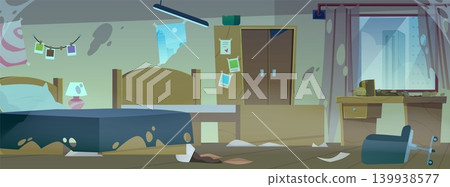 Destroyed and abandoned interior of dormitory bedroom, broken furniture wardrobe, table, beds and armchair flat vector Destroyed and abandoned interior of dormitory bedroom, broken furniture wardrobe, table, beds and armchair flat vector 139938577