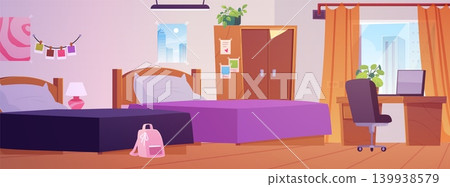 A room interior during the day with two beds, a wardrobe, a window, a desk, and a backpack. A room interior during the day with two beds, a wardrobe, a window, a desk, and a backpack. 139938579