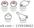 A set of sesame-colored Java sparrows that eat food from a glass bowl. 139938662
