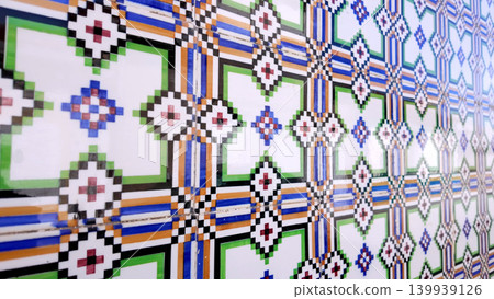 Traditional Azulejo Ceramic Tile Wall with Intricate Geometric Pixel Art Design 139939126