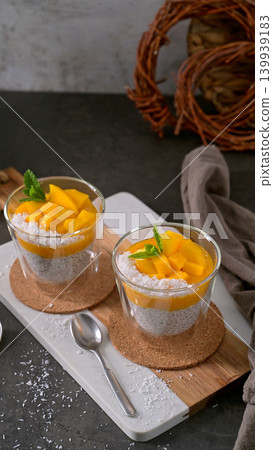 Coconut Chia Seed Pudding with Mango Puree and Fresh Mint Coconut Chia Seed Pudding with Mango Puree and Fresh Mint 139939183