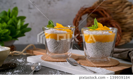 Creamy Mango Chia Seed Pudding with Coconut and Mint in Glass Cups Creamy Mango Chia Seed Pudding with Coconut and Mint in Glass Cups 139939184