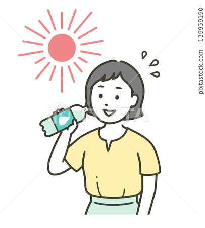一幅描繪年輕女子在酷暑中補充水分的上半身的插圖。 139939190