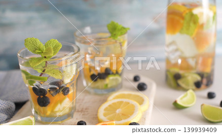 Summer healthy cocktails of citrus infused waters 139939409