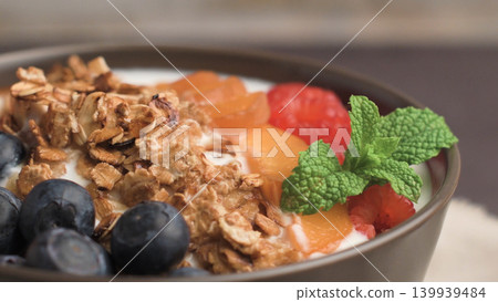 Yogurt with baked granola and berries Yogurt with baked granola and berries 139939484