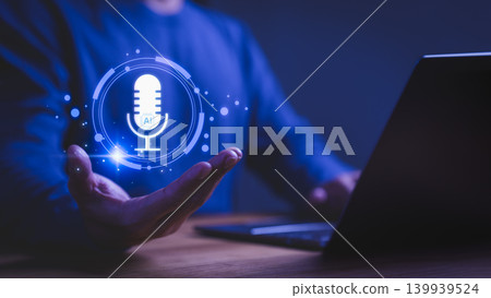 AI microphone technology for voice assistant and speech recognition. Artificial intelligence audio recording on digital laptop for podcasting and smart communication technology. 139939524