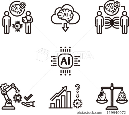 AI Business Technology Icon Set: Artificial Intelligence, DX, Reskilling, Automation, Prediction, Ethics, Pictograms 139940072