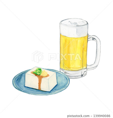 一幅手繪水彩插圖,描繪了一杯啤酒和冰鎮豆腐,簡單的零食。 一幅手繪水彩插圖,描繪了一杯啤酒和冰鎮豆腐,簡單的零食。 139940086