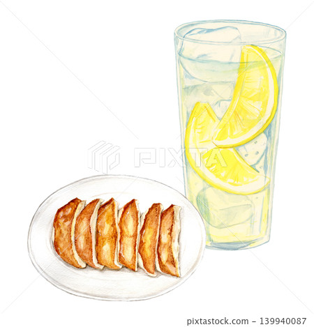 手繪水彩插圖,描繪了檸檬酸酒和餃子:清爽的夏季酒精飲料主題。 手繪水彩插圖,描繪了檸檬酸酒和餃子:清爽的夏季酒精飲料主題。 139940087