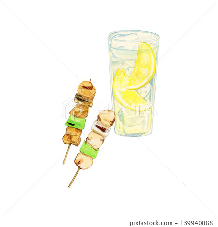 手繪水彩插圖,描繪了檸檬酸酒和烤雞肉串——清爽的夏季酒精飲料材料。 手繪水彩插圖,描繪了檸檬酸酒和烤雞肉串——清爽的夏季酒精飲料材料。 139940088